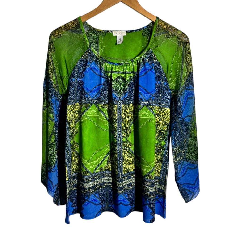 Chico's Y2K Boho Fairy Bling Sheer Sleeve Blouse Top Women L Green Blue Made USA